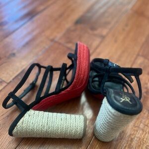 Vintage Yves Saint Laurent black/red espadrille platform sandals.